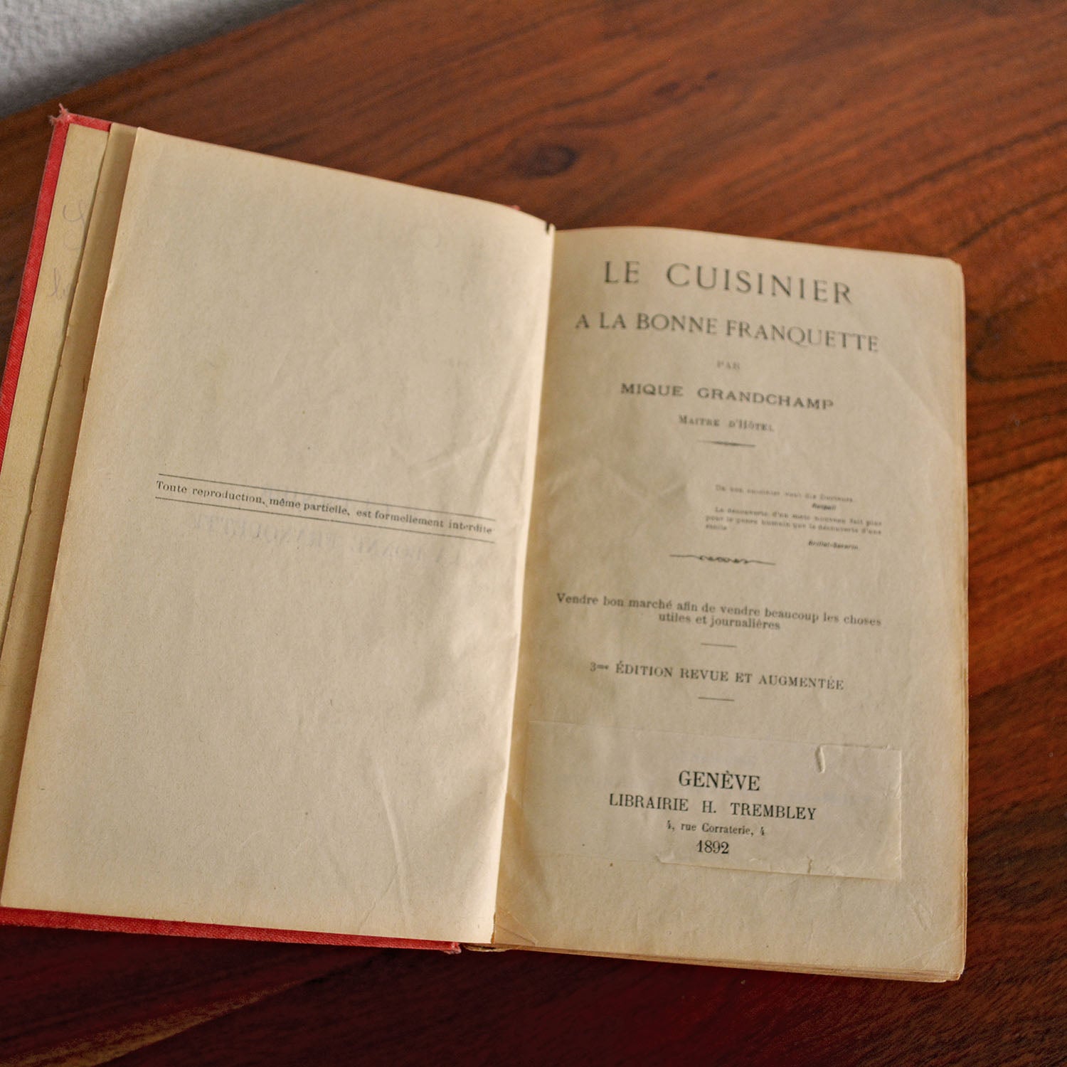 Intérieur du livre "Le Cuisinier à la bonne franquette", 3e édition, Grandchamp